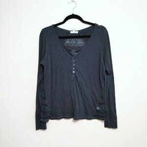 Aeropostale Henley Top Women's Size  Large Blue Long Sleeve Crochet Inlay Back